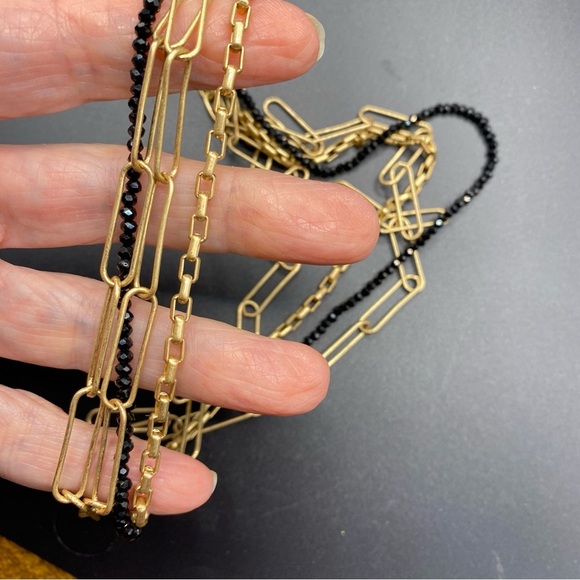 Gold Tone Paper Clip Multistrand Necklace Black Beads Layered - Picture 4 of 7